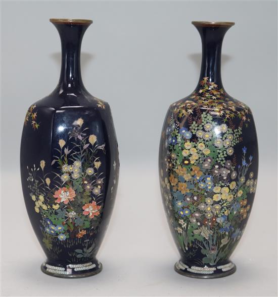 A pair of late 19th century Japanese cloisonne silver wirework vases, H.19cm